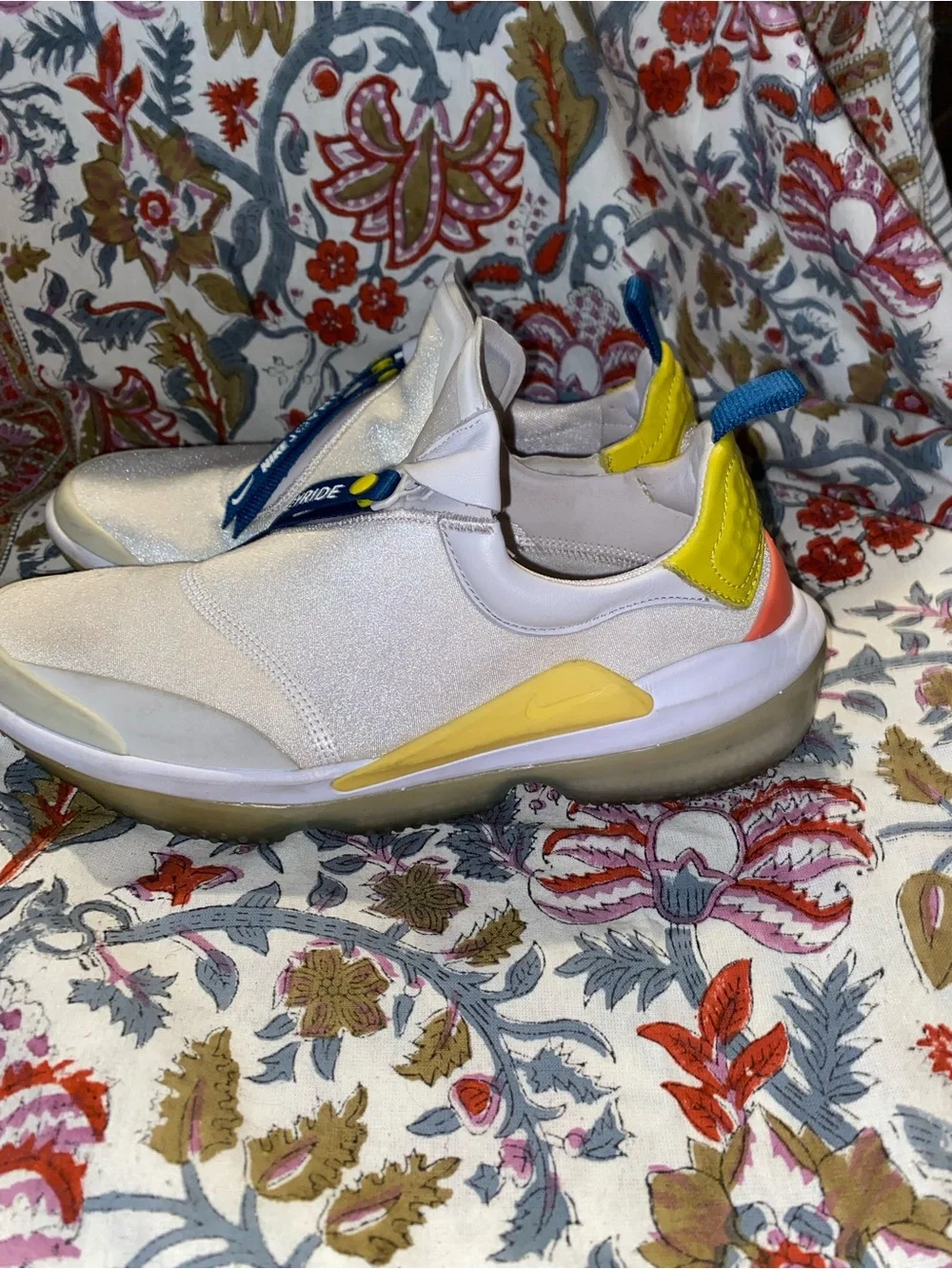 Nike White Slip-On Sneakers with Yellow and Navy Accents